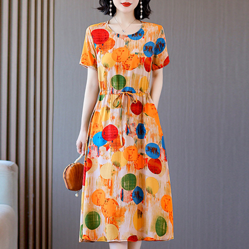 2025新款气质棉绸连衣裙女夏季时尚收腰显瘦中长款人造棉印花裙子,女装/女士精品,连衣裙,淘宝优惠券,粉丝福利购,淘宝优惠卷