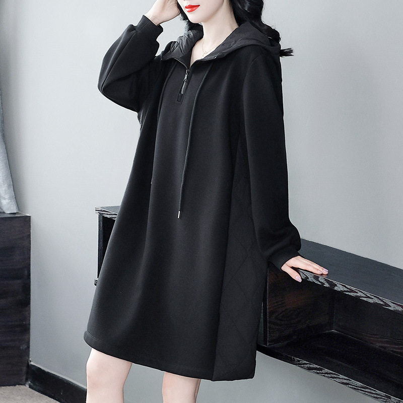 秋冬保暖夹棉加绒宽松直筒大码长袖连帽卫衣连衣裙子中年妈妈女装