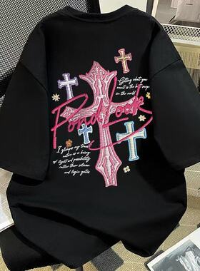 中大儿童美式风十字架印花短袖T恤男女童宽松韩范痞帅黑色上衣潮