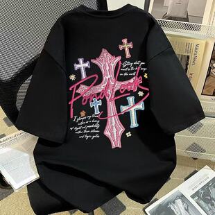 中大儿童美式风十字架印花短袖T恤男女童宽松韩范痞帅黑色上衣潮