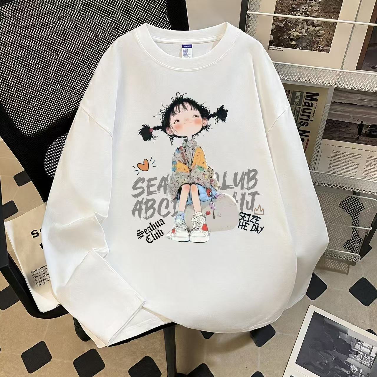 中大儿童女孩早秋薄款纯棉简约风长袖可爱小女孩印花白色T恤上衣