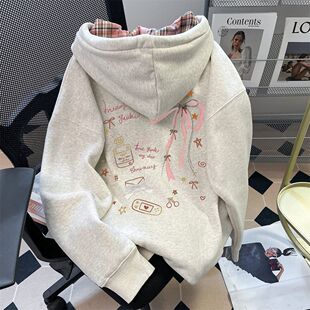 女童独特漂亮巨好看卫衣开衫中大童女秋冬加绒韩系慵懒风连帽外套