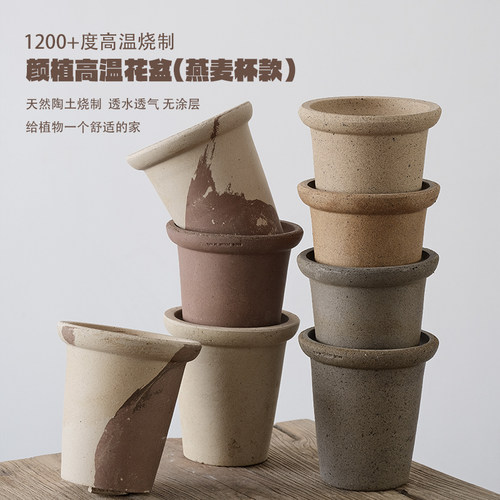 虹越颜植陶土花盆燕麦高圆筒杯粗陶创意简约透气家用桌面种植盆