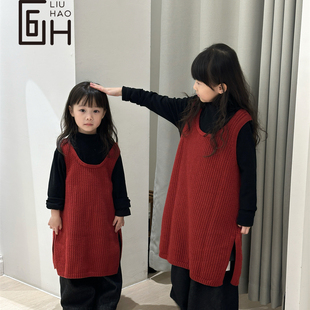 6号韩童年款红色背心连衣裙中长女童秋冬韩系叠穿风格毛衣裙亲子