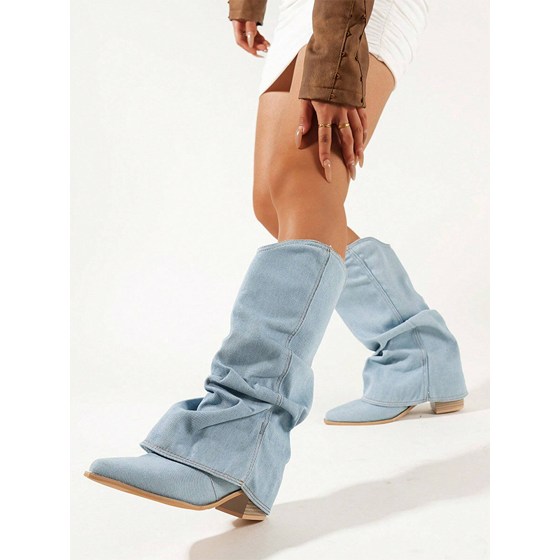 欧美尖头小众西部牛仔靴女2025新款流苏裤管靴粗跟大码套筒短靴女