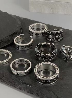 潮罗伈十字克架潮牌戒指男女情侣同款高街个性ins永恒复古做旧戒