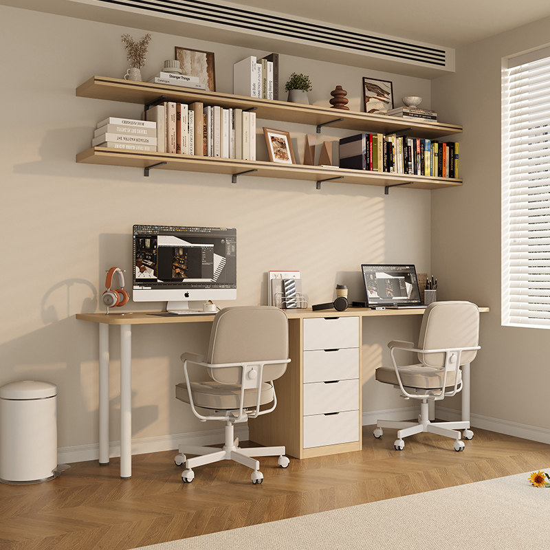 原木奶油风家用客厅卧室书房双人台式笔记本电脑桌写字办公桌定制