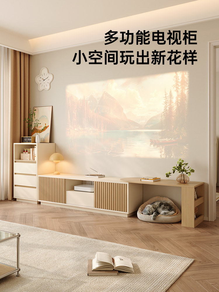 原木地板到天花板客厅可伸缩电视柜高柜组合小公寓电视背景墙猫窝