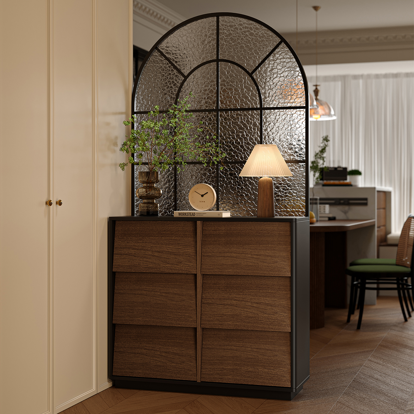 檀奥法式玻璃隔断玄关正对门鞋柜