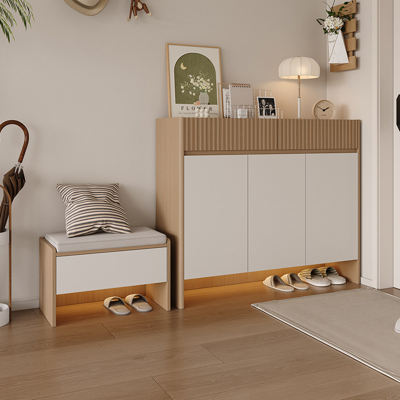入户奶油风鞋柜玄关柜一体组合靠墙收纳超薄储物柜家用客厅可定制
