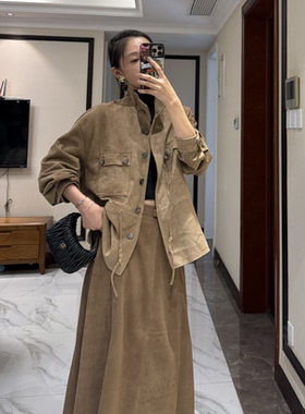 土耳其进口小羊羔反绒抽绳立领柔软衬衫夹克外套 半裙套装无退换
