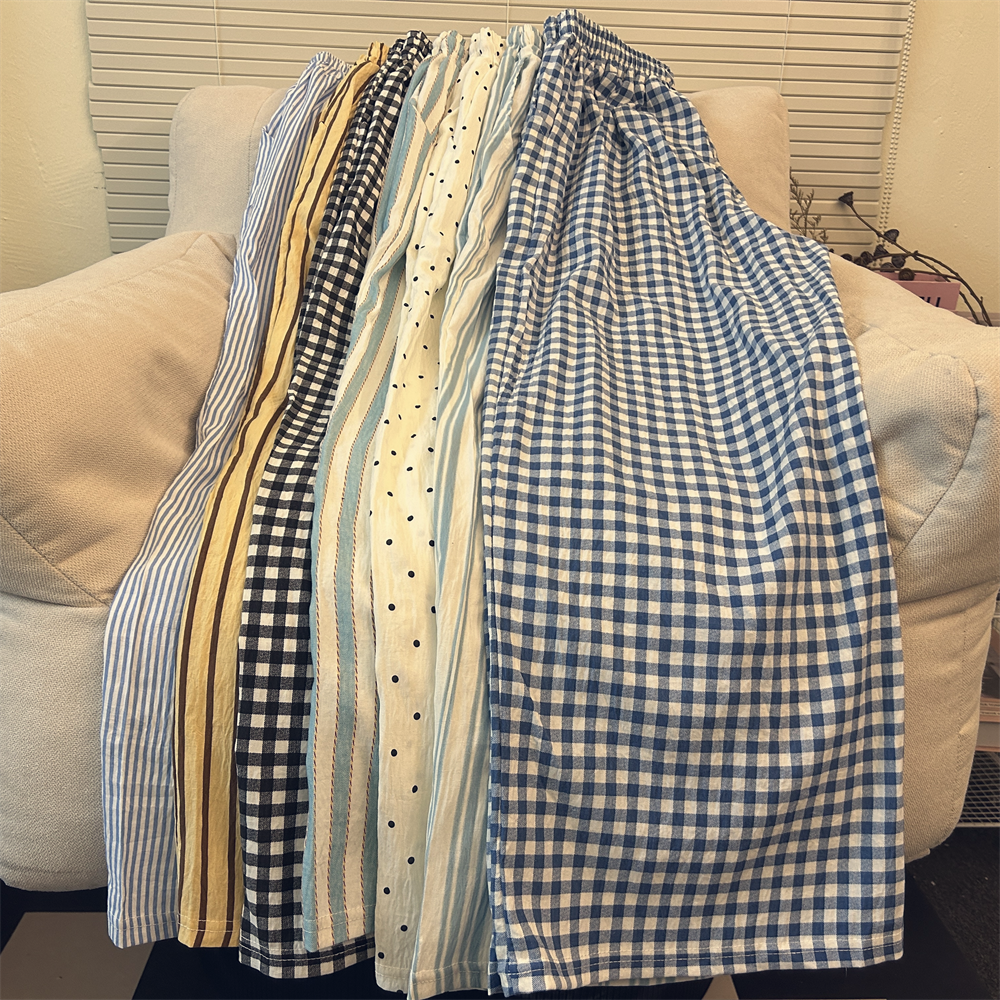 双口袋绑绳夏季遛弯神裤女学生格子睡裤阔腿条纹百搭居家裤可外穿