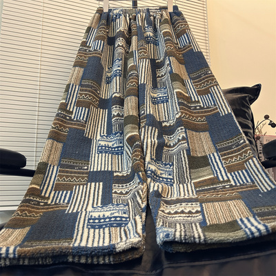 冬天高个子加长版复古格子拼接睡裤女阔腿珊瑚绒宽松小众保暖外穿