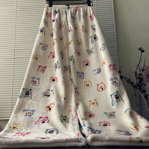抽象可爱小猪猪加厚珊瑚绒睡裤女冬天加长版宽松可外穿暖暖家居裤