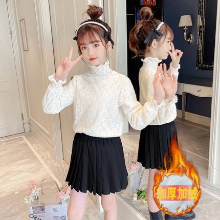 女童打底衫纯棉长袖蕾丝T恤加绒加厚中大童2024新款韩版高领洋气