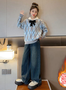 韩版牛仔两件套秋冬毛衣女童套装
