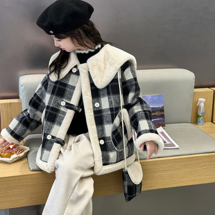 女童秋冬款呢大衣外套短款格子洋气2025新款韩版中大童加绒加厚潮
