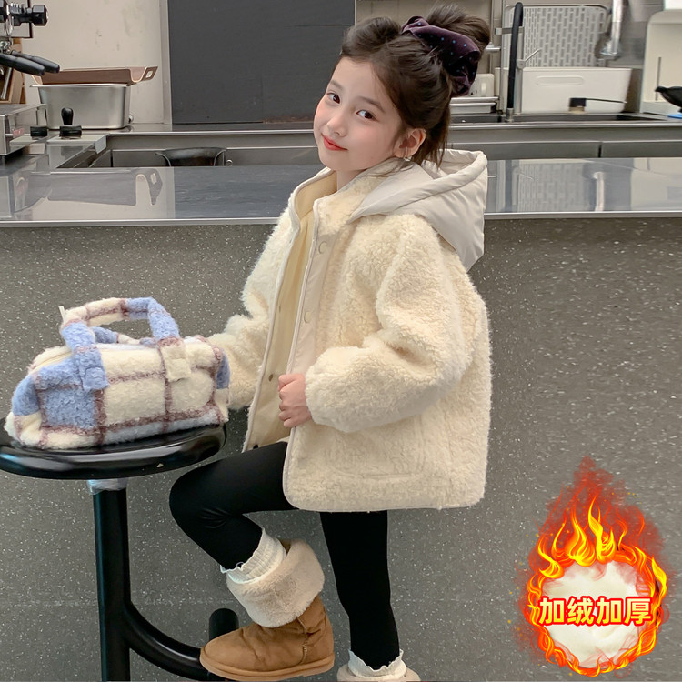 女童毛毛衣棉衣加厚加绒外套冬装