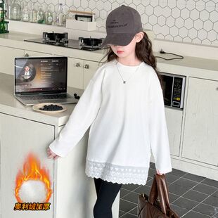 女童打底衫蕾丝T恤加绒加厚冬装中长款洋气时尚中大童百搭白色潮