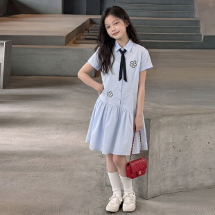 女童夏季衬衫连衣裙短袖学院风2026新款韩版中大童洋气时尚棉布裙