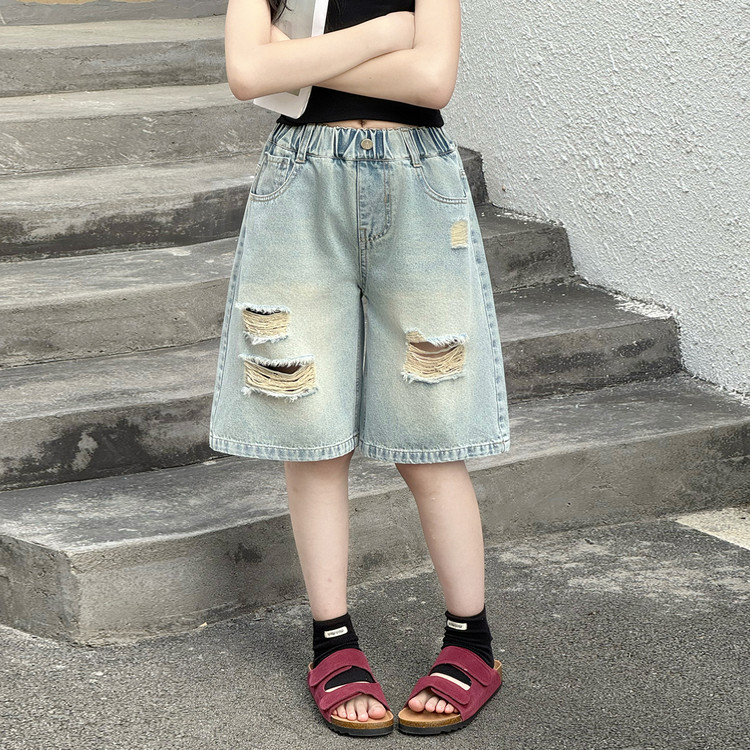 女童夏季薄款牛仔破洞中裤2026新款休闲中大童洋气时髦短裤五分裤
