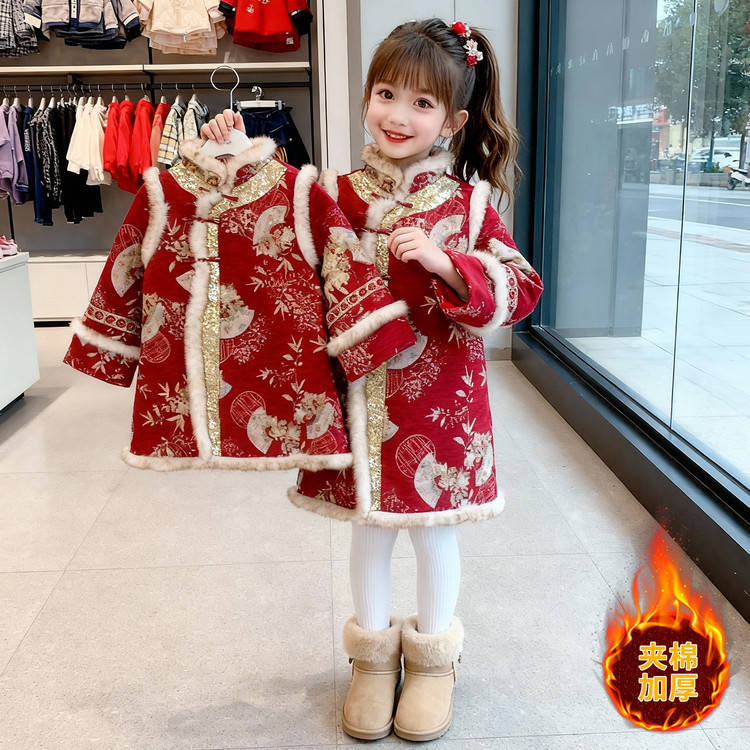 女童旗袍裙夹棉加厚冬装年服裙子