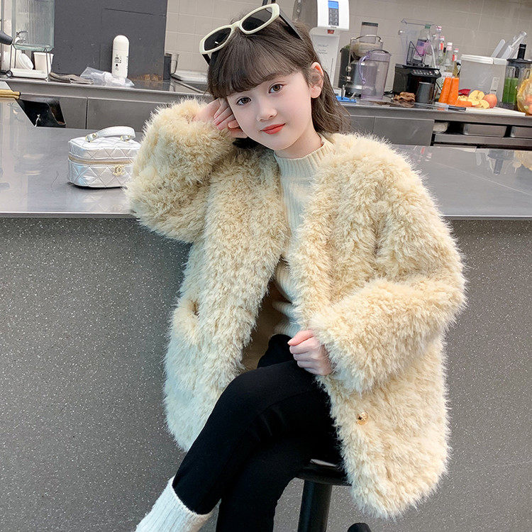 女童加厚毛毛衣外套仿皮草秋冬装