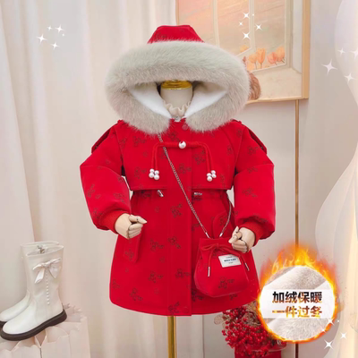 女童加绒加厚皮衣派克服外套冬装