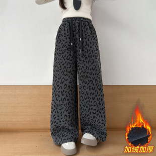 女童加绒豹纹阔腿裤奥利绒加厚冬装外穿裤子2025新款中大童休闲潮