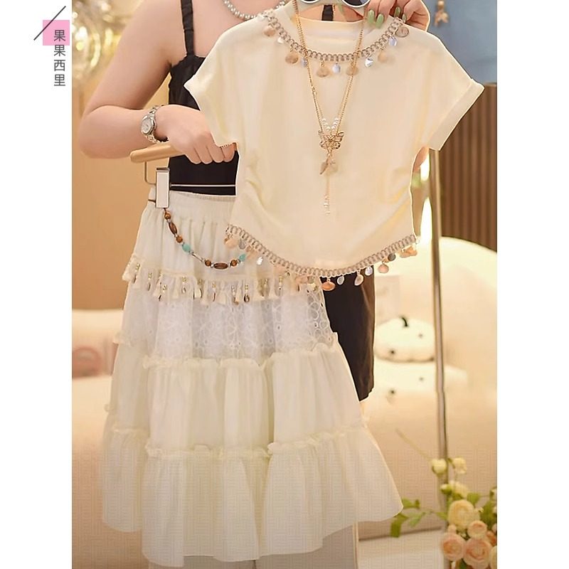 女童夏季套装短袖洋气时尚薄款2025新款韩版半身裙度假风两件套潮