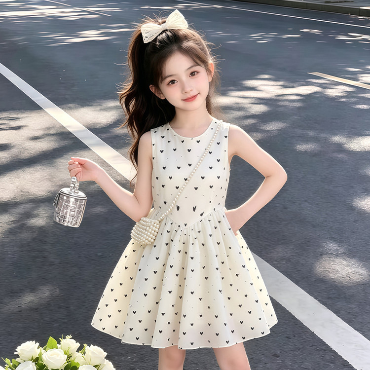 女童无袖连衣裙夏季爱心印花公主裙韩版时尚中大童甜美新款背心裙