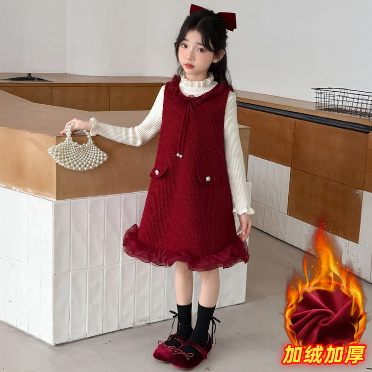 女童加绒背心裙套装冬季年服红色