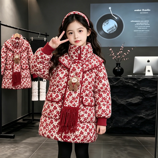 女童冬款加厚棉服中大童时尚中长款连帽围巾保暖碎花棉衣外套洋气
