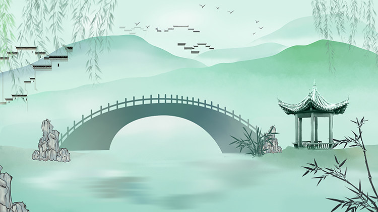 春季唯美风景山柳枝江南建筑亭子小桥假山竹叶小鸟插画绘画图层图