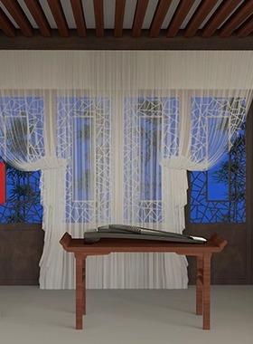 古代房间室内古筝纱帘红色灯笼柱子桌子夜景晚上LED高清静态图片