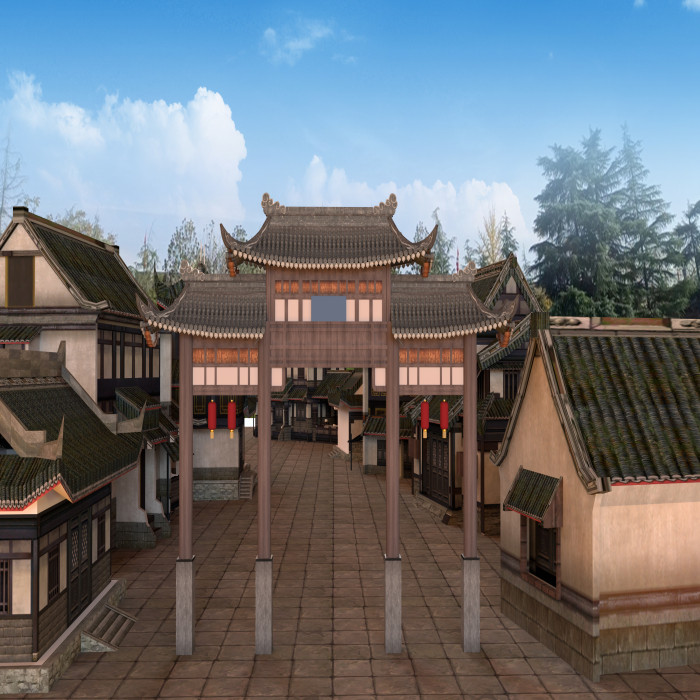 古风街道牌坊村庄村头古风古建筑瓦房高清led大屏幕舞台背景图片