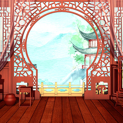 古代屏风门粉色纱帘纱幔戏曲高清led大屏幕舞台背景虚拟静态图片