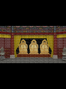 三尊金色佛大堂黄色帘子中式木质风格高清5K宽屏LED大屏幕舞台图