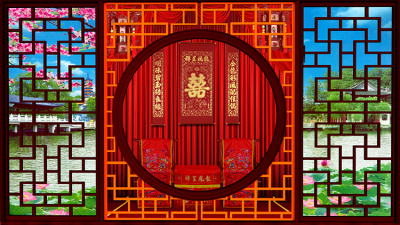 戏曲屏风花园中式婚礼喜堂拜堂高清LED大屏幕舞台背景虚拟静态图