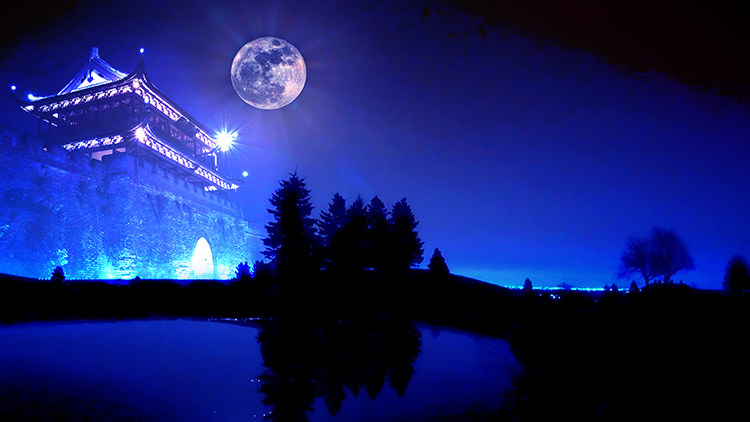 夜晚月亮城楼湖水山脉风景戏曲戏剧高清led大屏幕舞台背景虚拟图