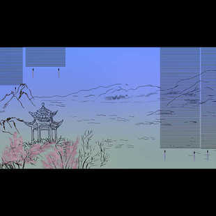 戏曲风景山水竹帘帘子桃花树亭台夜静白天绘画图层手绘原画高清图