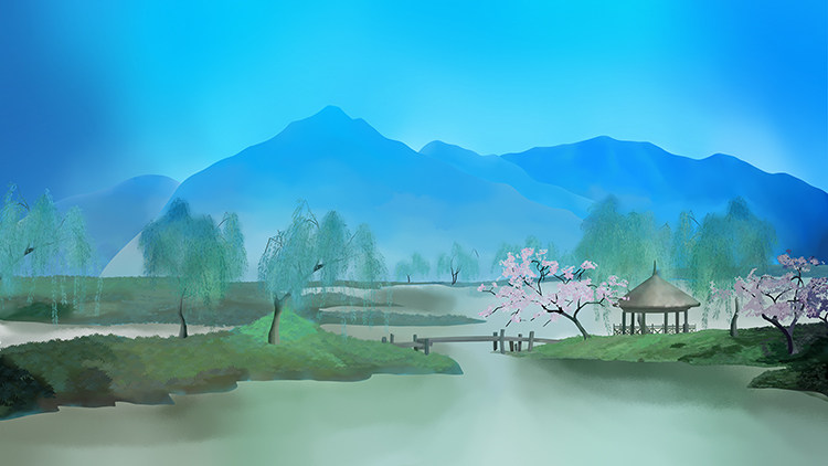 春天绿色山水风景画柳树草亭桃花树溪边花园插画绘画图层手绘图片