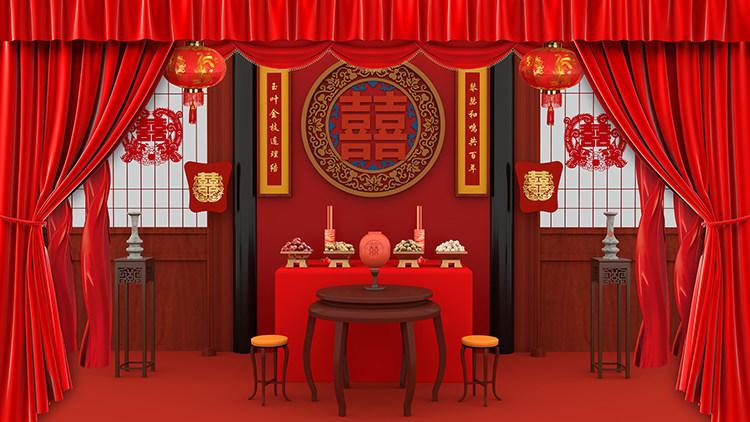 中式喜堂婚礼戏曲中国风喜字囍对联红色喜庆灯笼枣生桂子高清图片