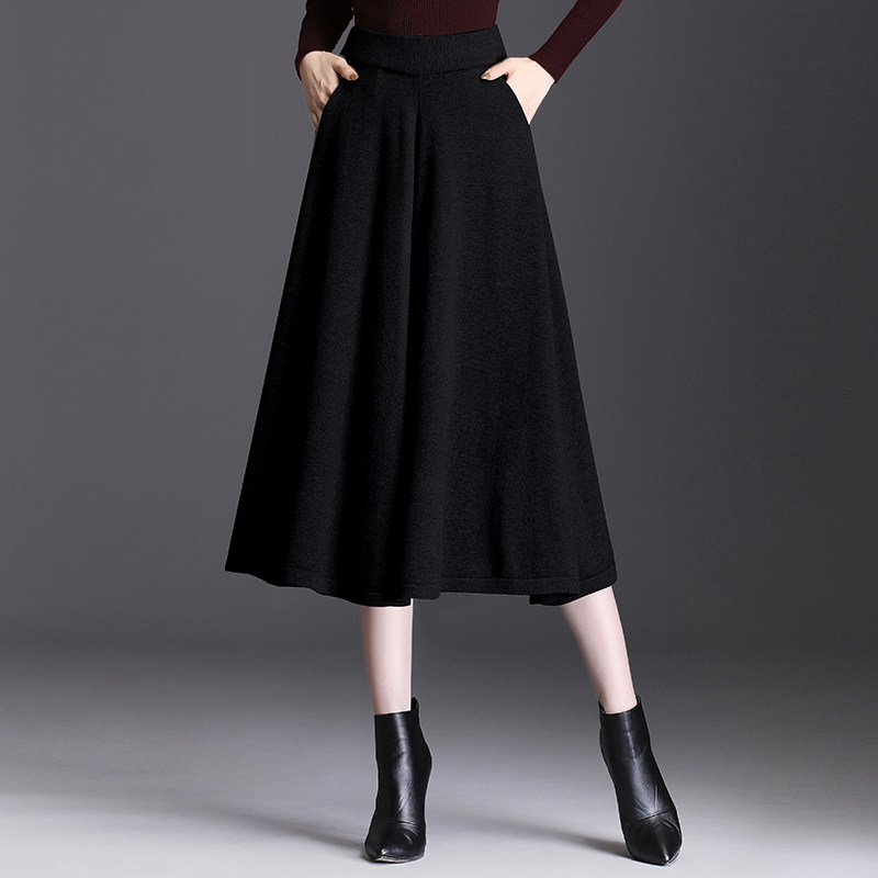 魅族淑女毛线阔腿裤裙7分裤2020年秋新款松紧腰弹力时尚百搭裙裤