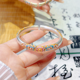 航达银匠 梨花海棠足银999镂空开口描金珐琅银手镯女新年礼物手环