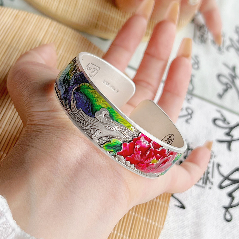 航达银匠足银9999珐琅彩凤穿牡丹手镯民族风实心宽版开口手环妈妈