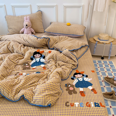 A类卡通牛奶绒床盖2025新款毛巾绣被套夹棉床单榻榻米防滑四件套