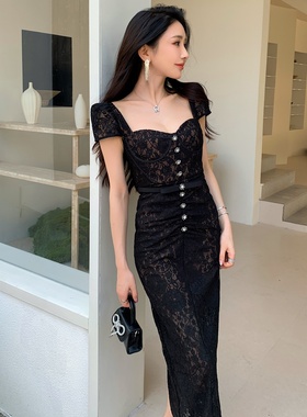 新款女装高级感巨好看气质蕾丝长裙黑色连衣裙性感迷人法式晚礼服
