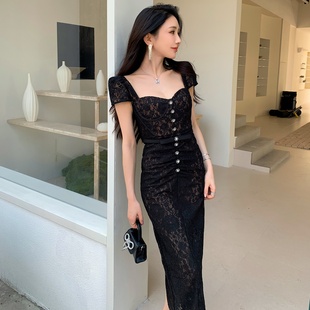 晚礼服 高级感巨好看气质蕾丝长裙黑色连衣裙性感迷人法式 新款 女装