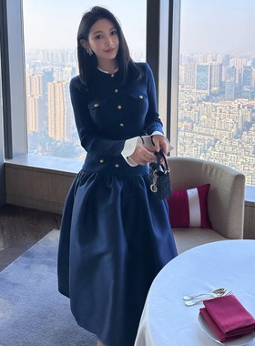 2026春季新款藏蓝色千金风针织拼接塔夫绸修身收腰长袖连衣裙礼服